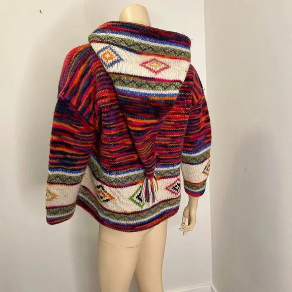 Unisex Rainbow Wool Knit Hoodie Sweater Jacket • M • Tassel Elf Hood Boho Hippie - Picture 3 of 9